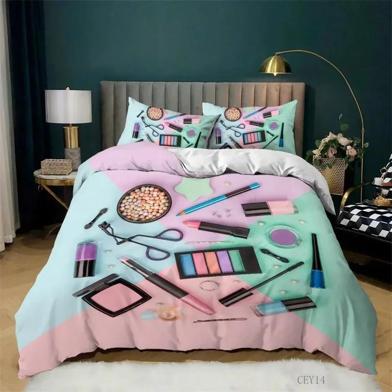 Fashion Bedding Set Makeup Cosmetic Theme Duvet Cover Polyester Perfume Lipstick Nail Polish Brush Print Quilt Cover King Size