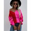 Temperament Commuter Splicing V-Neck Knitted Sweater Women's Loose Medium Thin Leopard Print Pullover Long Sleeve Single Top