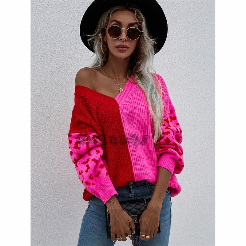 Temperament Commuter Splicing V-Neck Knitted Sweater Women s Loose Medium Thin Leopard Print Pullover Long Sleeve Single Top S