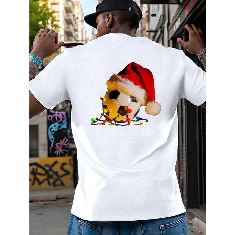 

European sizes Men s Santa Soccer Ball Christmas T-Shirt - Soccer-Themed Santa with Footballs & Holly Print, Casual Short Sleeve Round Neck Tee S белый