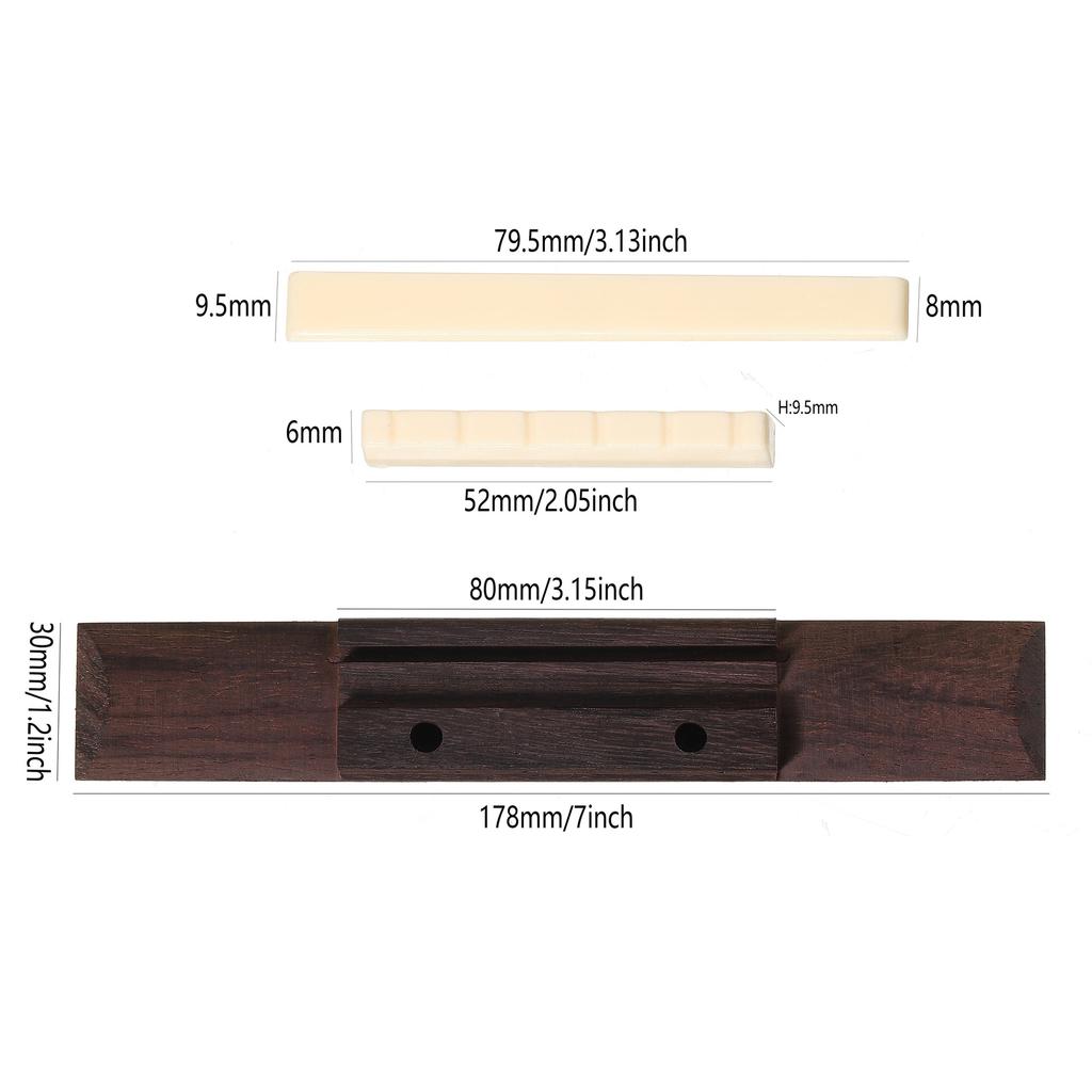 4-Piece Classical Guitar Bridge Replacement Set (Rosewood Bridge + Upper and Lower Nut + Strings + String Winder)