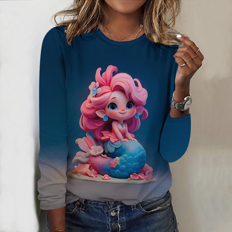 Tops For Women 3D Cute Mermaid Print Round Neck Long Sleeve T-shirt Fall Casual Slim Pullover Women's Long Sleeve Top