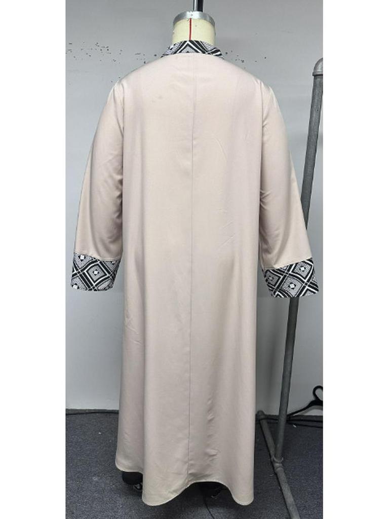 Plus Size Middle Eastern Ethnic V-Neck Printed Patchwork Long Dress