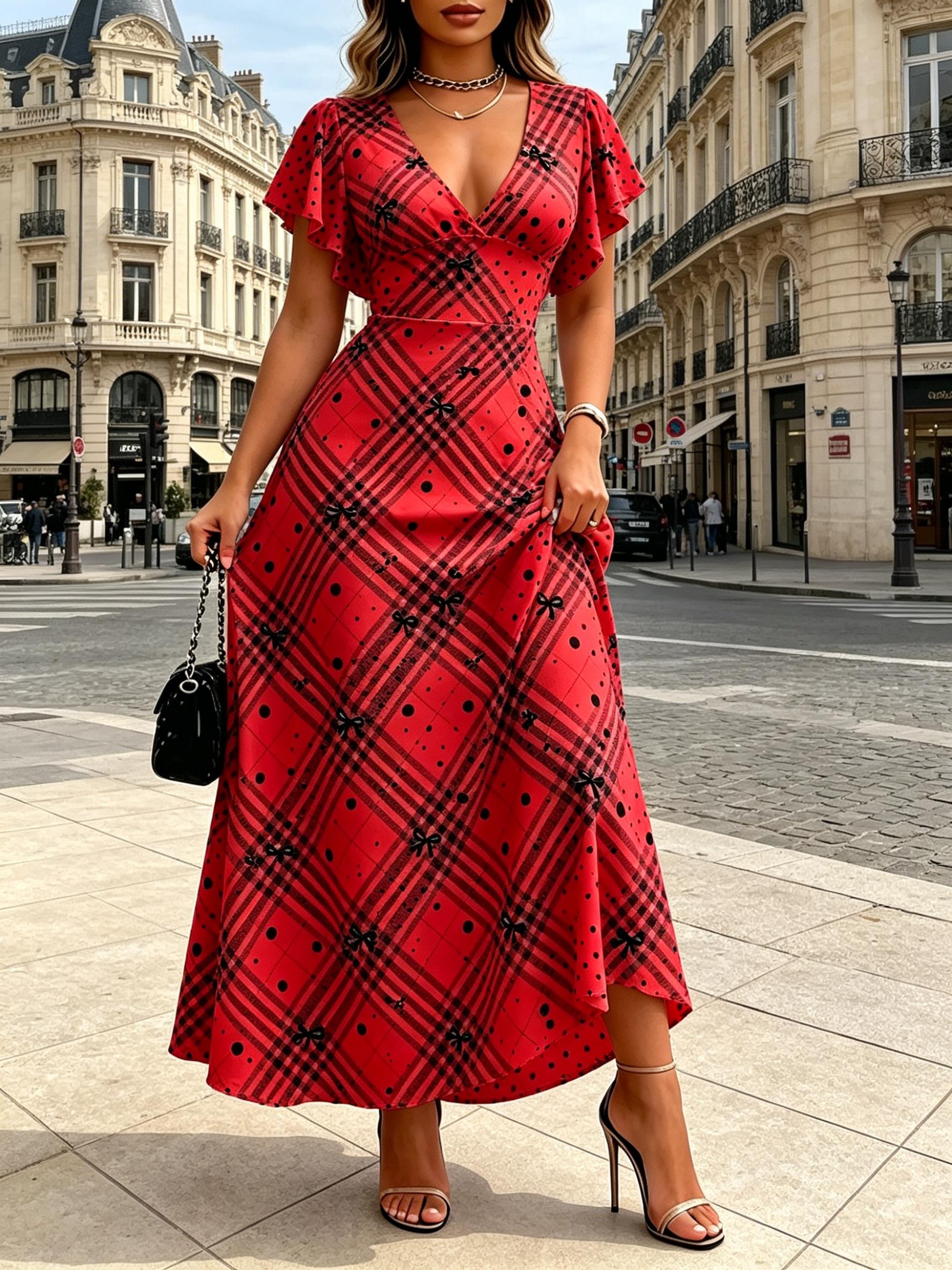 Red Black Plaid Polka Dot Bow Print Maxi Dress for Women, V Neck Ruffle Sleeve High Waist Flowy Dress XS