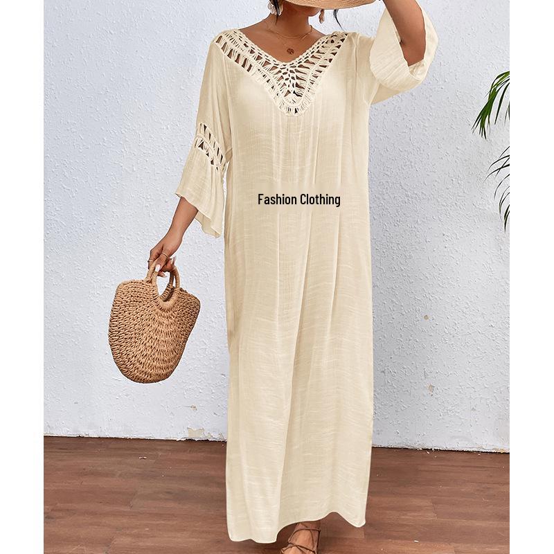Womens American Crossborder European Handcrocheted Patchwork Ball Loose Beach Coverup Dress Sexy Backless Hollow Design