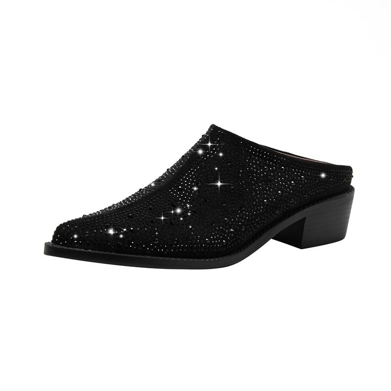 Fashion Women's New Summer European and American Comfortable Diamond Pointed Middle Heel Large Baotou Muller Slippers