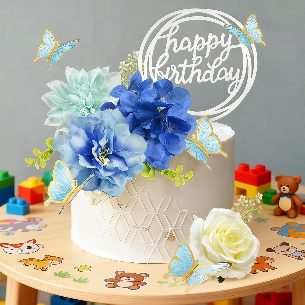 20x Flower Cake Topper with Eucalyptus, Portable Butterfly Cake Decorations for Birthday, Butterfly Theme Party, Baby Shower