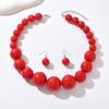 1Set Bright Red Large Round Bead Jewelry Set Chunky Graduated Beaded Choker Necklace Drop Earring Party Ornament Set