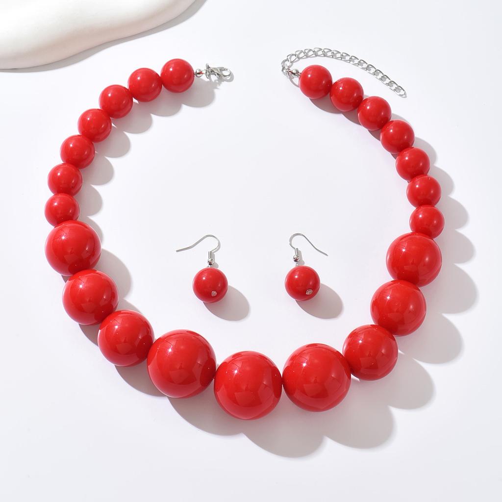 1Set Bright Red Large Round Bead Jewelry Set Chunky Graduated Beaded Choker Necklace Drop Earring Party Ornament Set