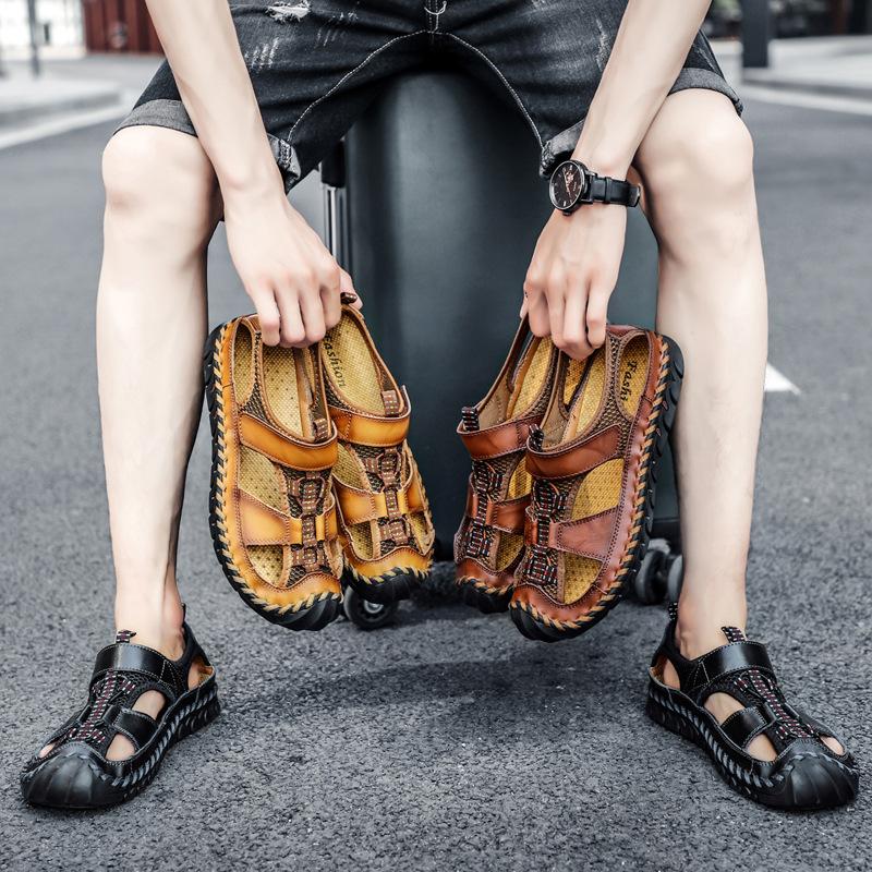 38-48 Casual Summer Breathable Sandals for Men Handmade Hollow Out Flat Leather Sandals Beach Shoes Wading Sandals Genuine Fashion Oxfords