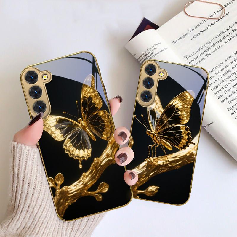 Butterfly on the Branch For Samsung Galaxy S20 FE S21 S22 S23 Plus S24 Ultra S25Ultra S21+ S9+ S22Plus Golden glass phone case