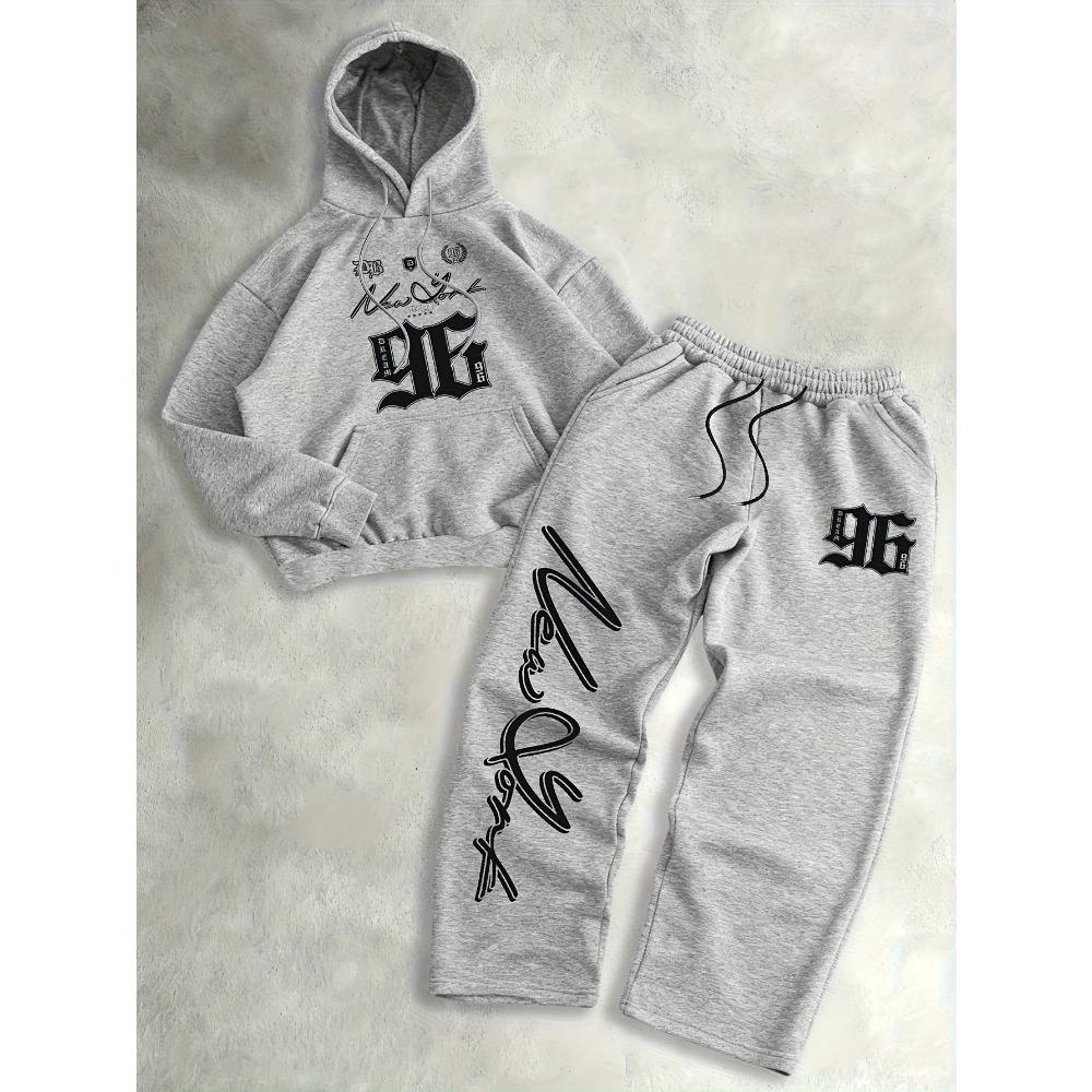 American Style Trendy Printed Hooded Sweatshirt Set, Loose Casual Wide Leg Pants Two Piece Set, Versatile for Men's Daily Street Wear