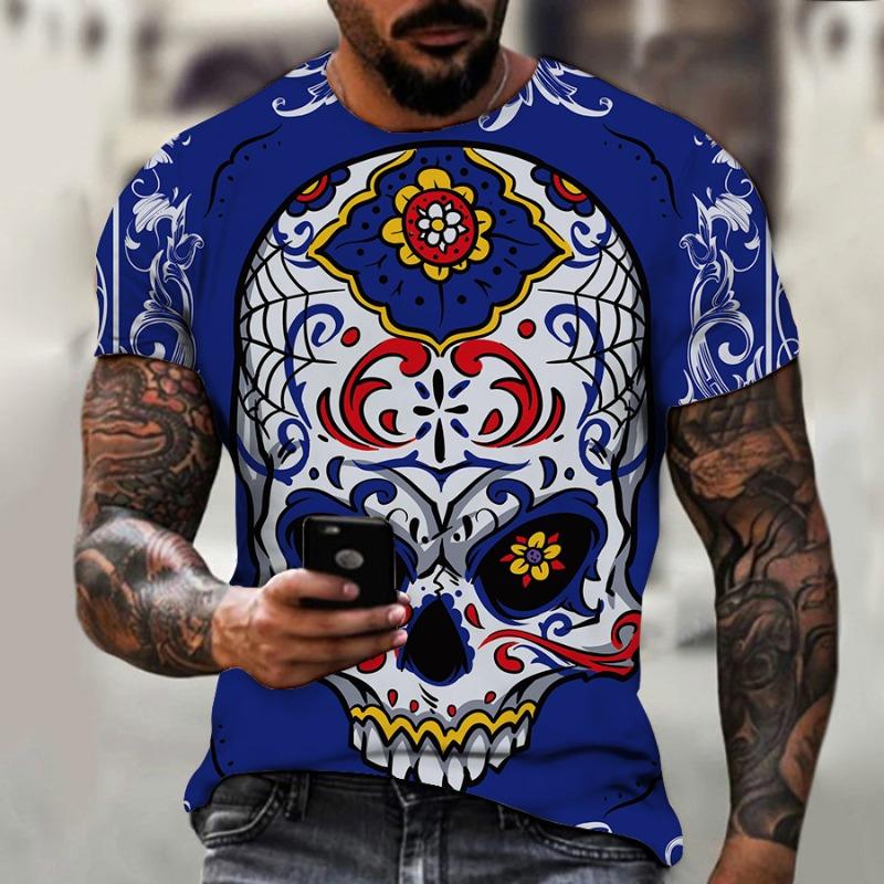Men's 3D Printed T-Shirt Colorful Skull Pattern Print Short Sleeve O-Neck Pullover Casual Top