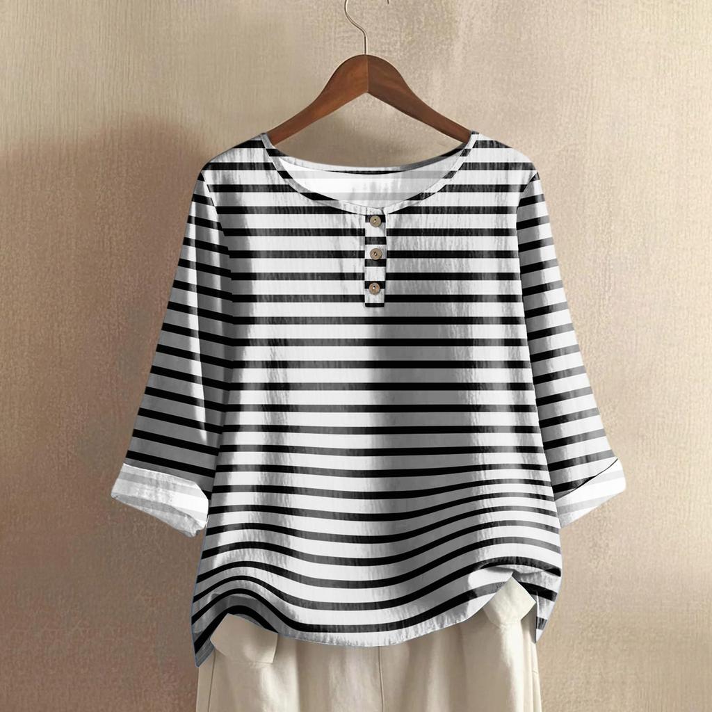 Women's Casual Three-quarter Sleeve Round Neck Gradient Color Printed Cotton And Linen Top