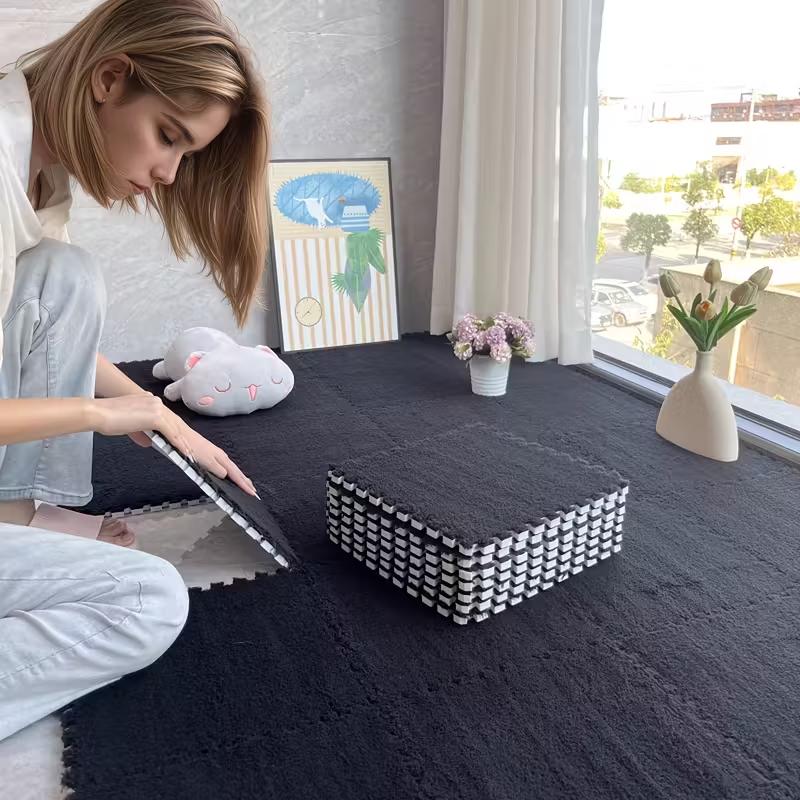 Soft Plush Foam Puzzle Mat Carpet Tiles for Living Room Bedroom Baby Play Area Non-Slip Interlocking Floor Rug Baby Play Mat