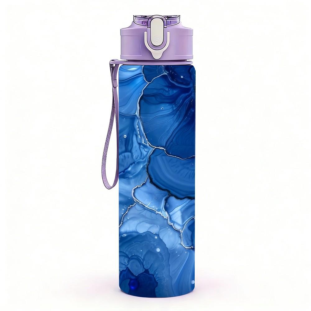 1PC Deep Blue Alcohol Ink Pattern 750ml Color Plastic Sports Water Bottle Leakproof Flip Straw Lid Suitable for Sports Office Home Use