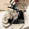Modische Sandalen mit Blumendesign Damen Sandalen mit hohen Absätzen Sommer Sandalen mit eckiger Spitze und offenem Zeh für Damen Knöchelriemen Slingback Sandalias