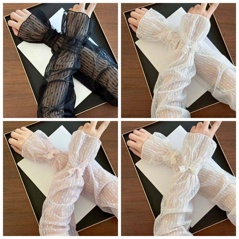 1 Pair French Retro Bowknot Lace Sun Protection Sleeves Breathable Lightweight Fabric Loose Fit Design Mesh Arm Covers
