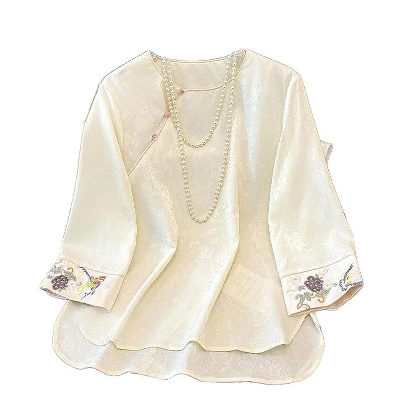 Modern Chinese Oblique Collar Jacquard Embroidered Women's Seven-Sleeve Shirt - Loose, Versatile Fit