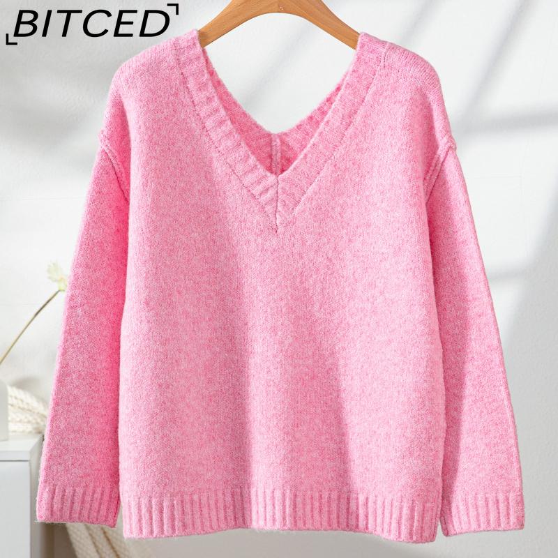 

BITCED Fall/Winter Solid Color V-Neck Pullover Sweater Casual Oversized Long-Sleeve Off-Shoulder Pink Knit Top XL