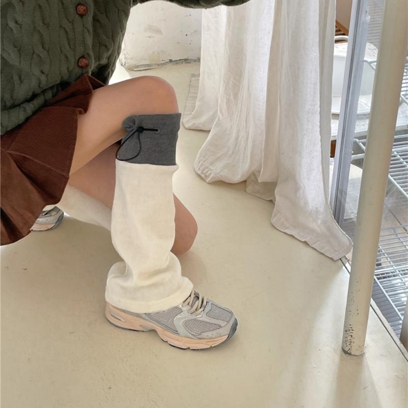 Winter Autumn Knitted Drawstring Leg Warmer Gothic Colorblock Foot Covers Flared Hem Loose Knee High Socks for Women