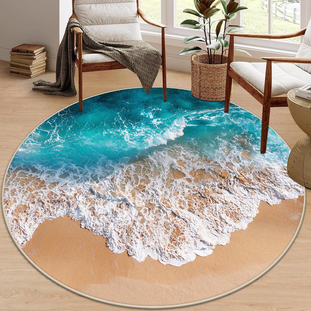 3D Beach Round Carpet Living Room Decoraiton Modern Light Luxury Large Room Lounge Rug Bedroom Decor Soft Fluffy Study Chair Mat