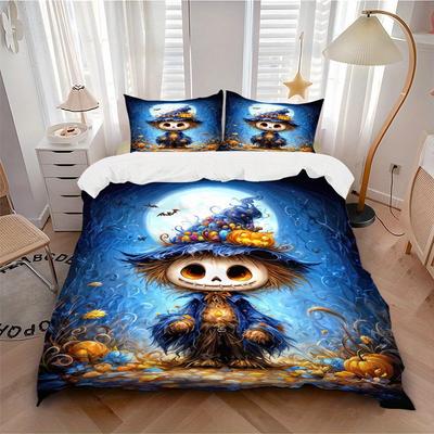 3pcs Halloween, Scarecrow Bedding Set Down Comforter Cover and Pillowcases, Suitable for All Seasons(No Insert)-0729072