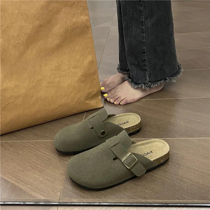 

НОВАЯ летняя модная элегантная повседневная замшевая женская обувь, однотонные легкие тапочки Baotou с круглым носком на плоской подошве, НЕТ:11835 35