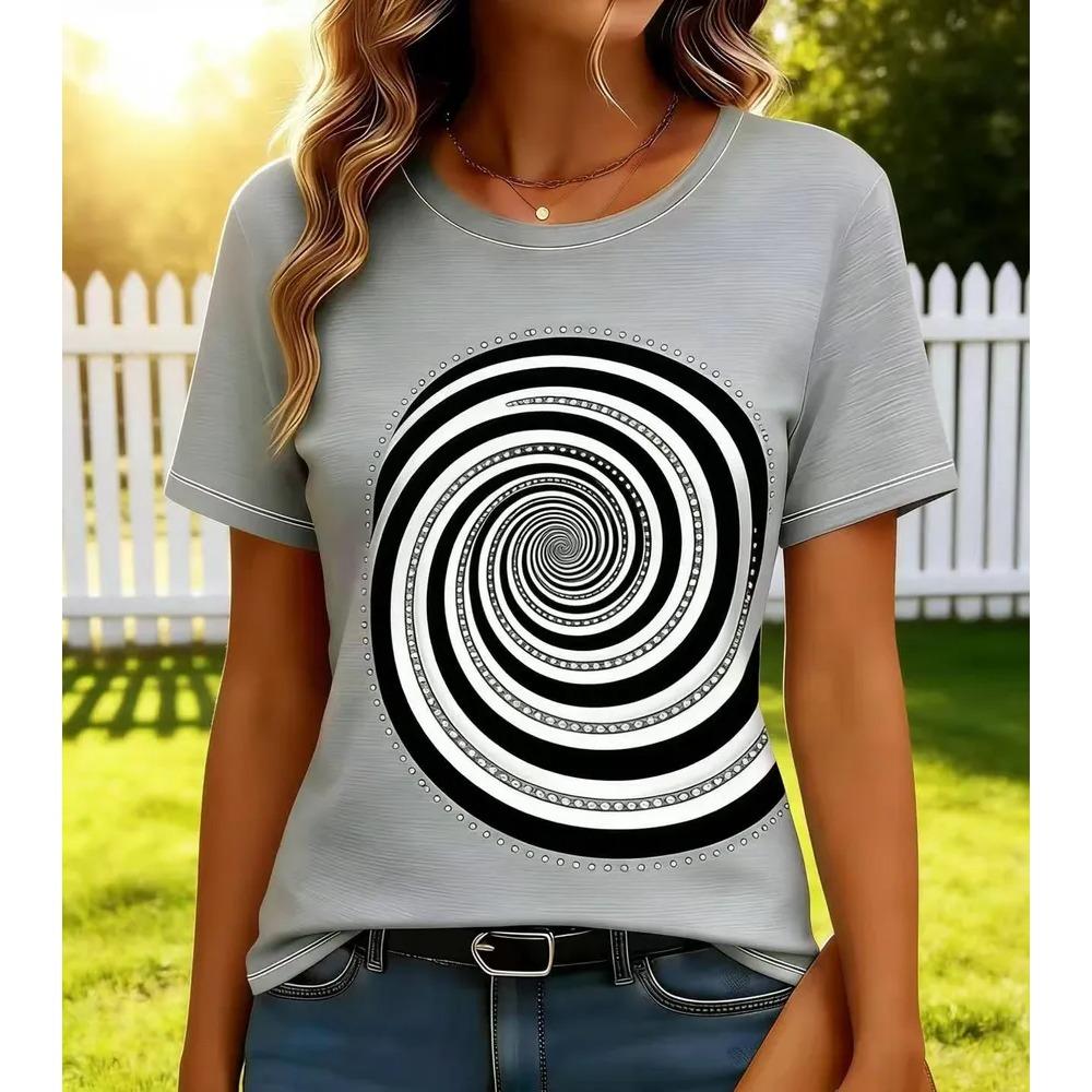 Fashionable Casual Round Neck Short Sleeved T-shirt Soft Comfortable Vintage Loose Colorful Creative Grid Stripes 3d Printed Women's T-shirt
