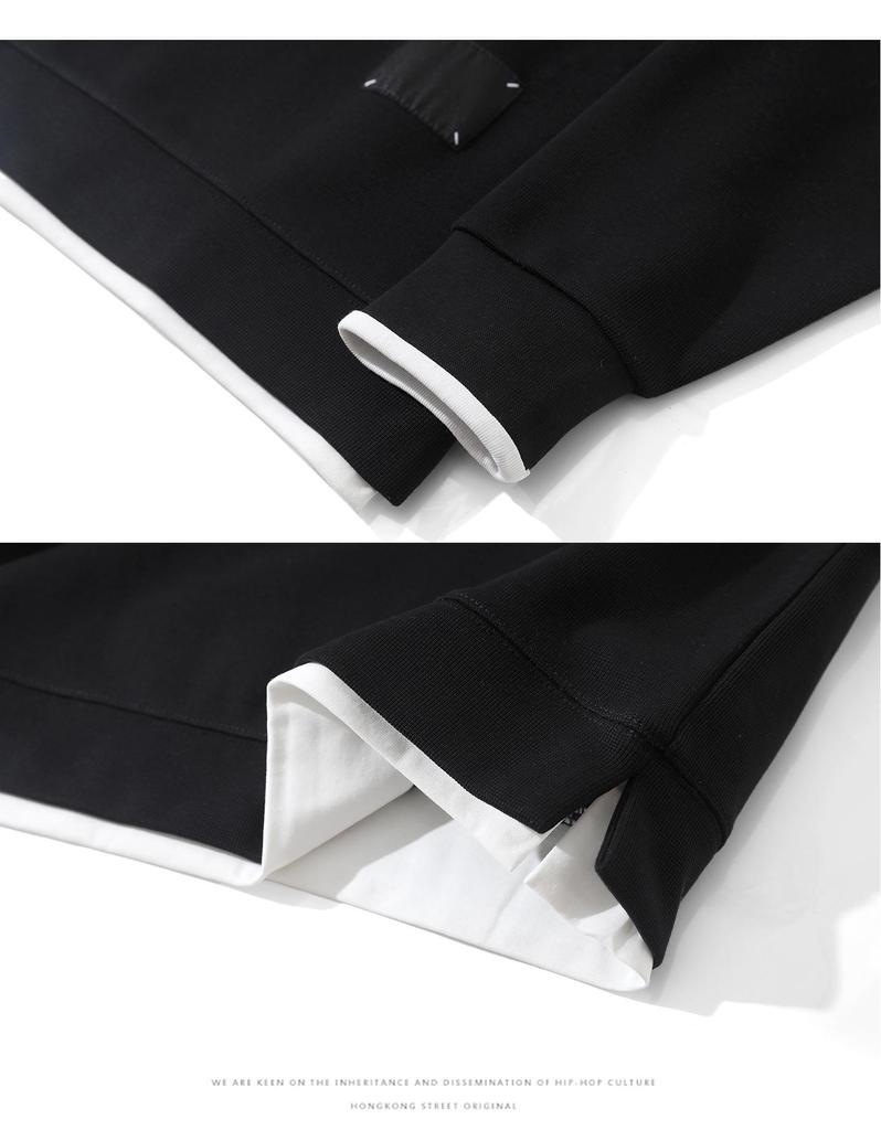 Men's Trendy Black Fake Two-Piece Lapel Hoodie Polo Shirt for Spring/Autumn