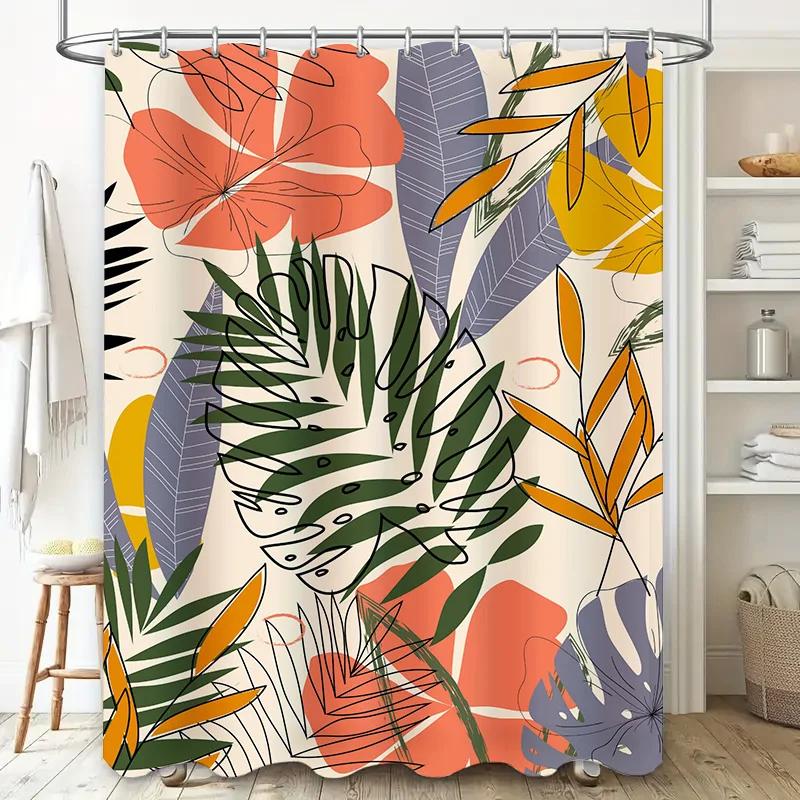 Modern Tropical Print Shower Curtain with Green Leaves Waterproof Fabric for Bathroom Decorations