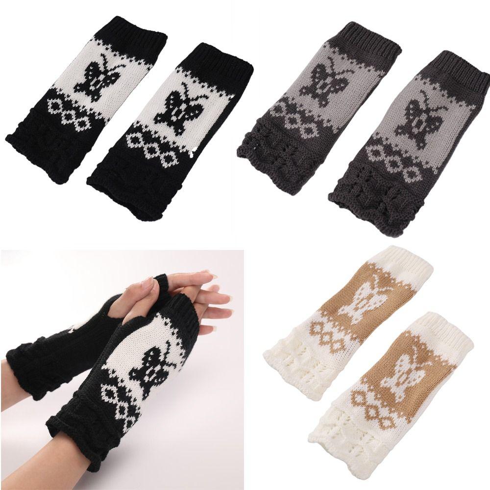 

Fingerless Knitted Gloves Butterfly Pattern Winter Mittens Stay Warm Wrist Sleeves Outdoor