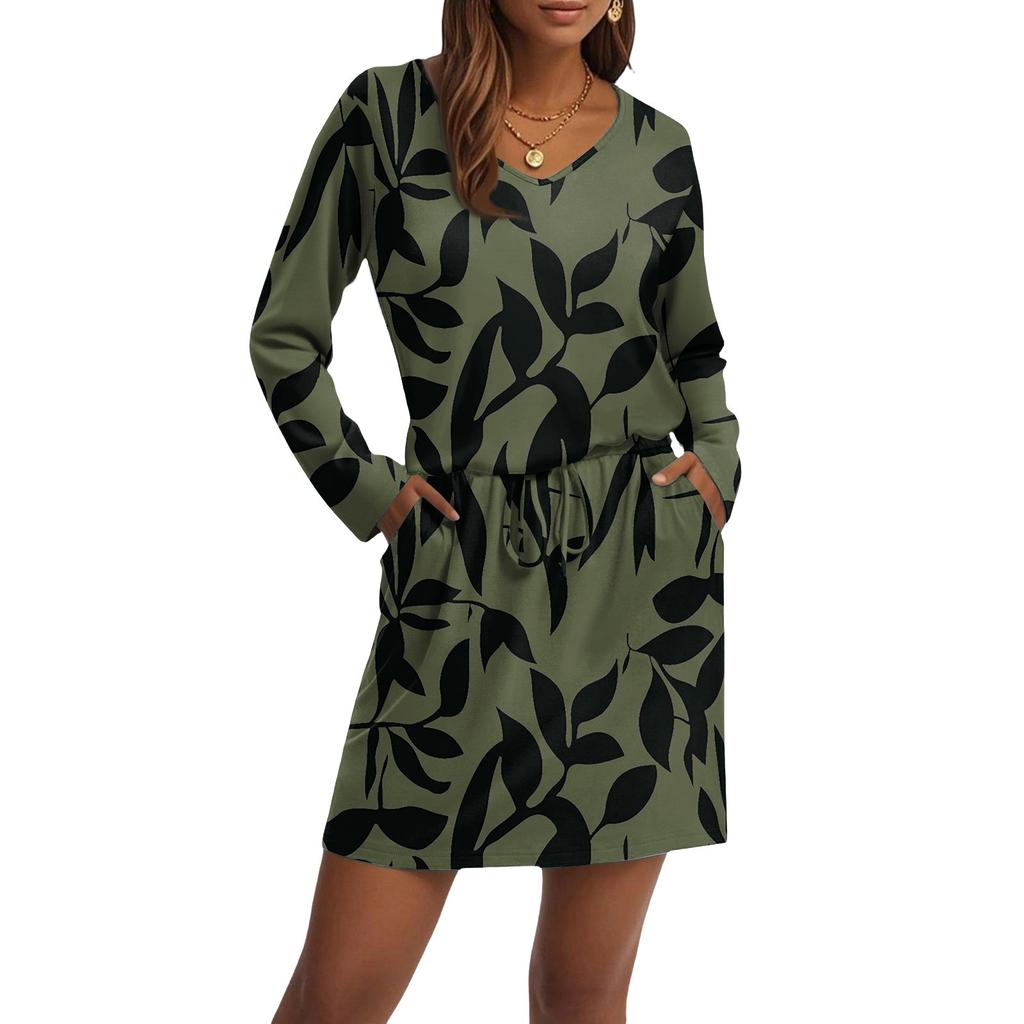 Abiti casual da donna alla moda con scollo a V, maniche lunghe, coulisse, tasca, stampa floreale