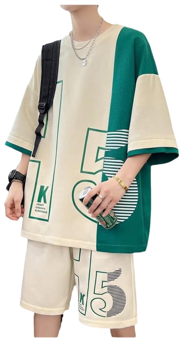 

KTNCFD Летний мужской комплект с коротким рукавом, больших размеров и свободного кроя, Комплект из 2 предметов, Футболка, Спортивный костюм, Шорты, Спортивная одежда, Толстовка, Домашняя одежда, Посадка, белый