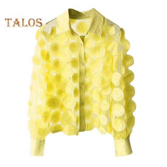 Women Summer Chiffon Shirt Lapel Lantern Long Sleeve Shirt Tops 3D Floral Print Semi-Sheer Mesh Splicing Single Breasted Blouse