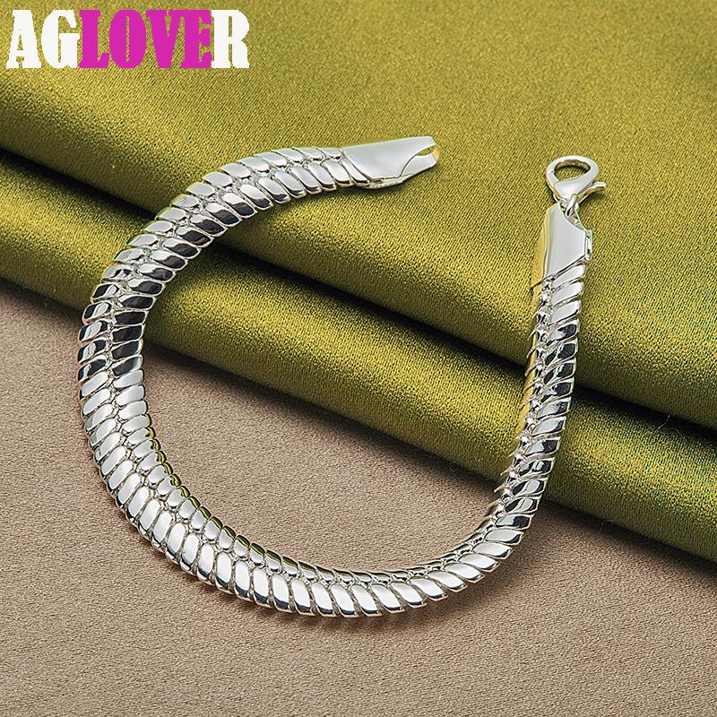 925 Sterling Silver 10mm Side Flat Chain Bracelet Jewelry
