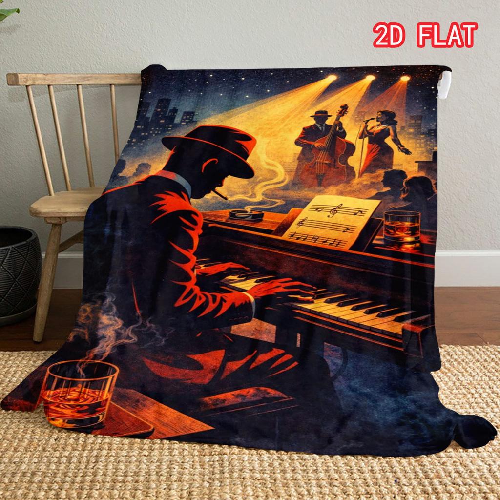 Retro Jazz Piano Player Flannel Blanket, Nightclub Music Silhouette Design Cozy Throw
