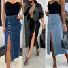 Women's High-Waist Irregular Slit Denim Bodycon Midi Skirt