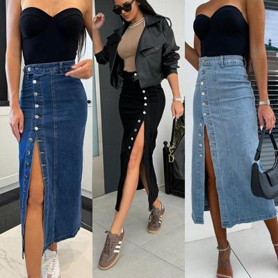 Women's High-Waist Irregular Slit Denim Bodycon Midi Skirt
