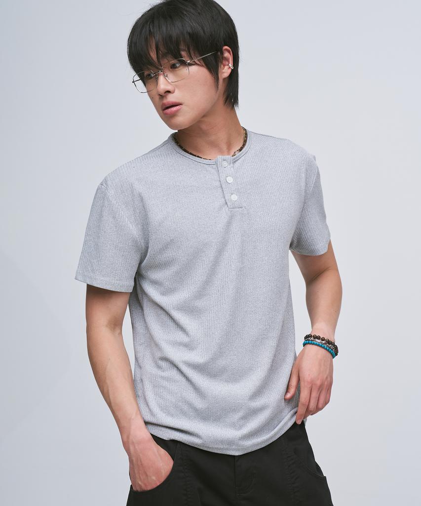 PLACESTUDIOMAN Basic Cotton Waffle Snap Point Henley Neck Semi-Oversized Short Sleeve T-Shirt _3 Colors