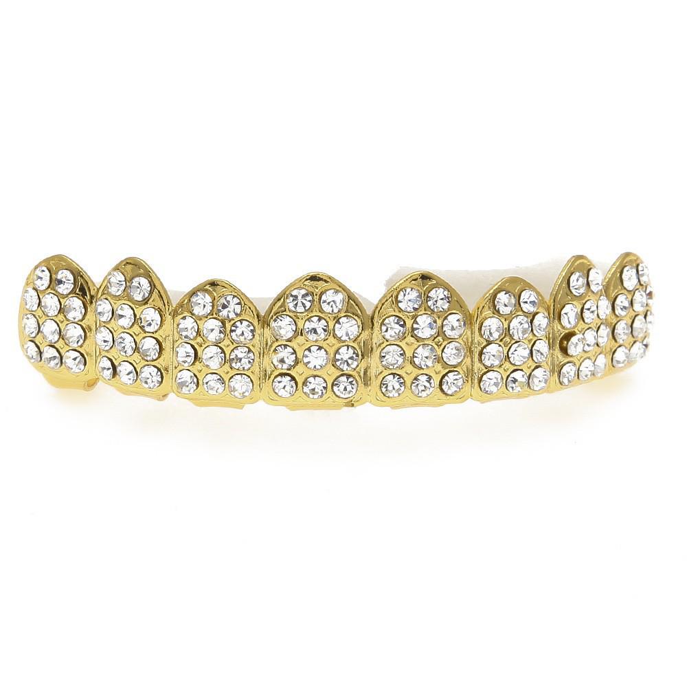 Trendy HIOHOP Rhinestone Eight-Tooth Upper & Lower Six Teeth Copper Gold Plated Hip Hop Grillz