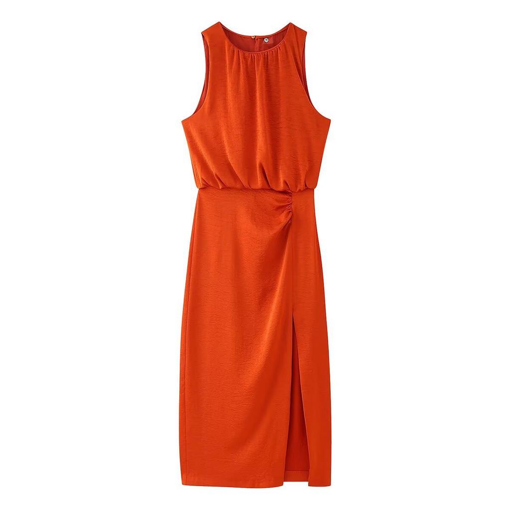 European and American street fashion pleated decorative silk satin texture dress, spring new women's clothing