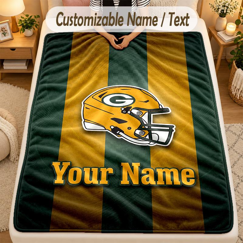 Flannel BlanketGreen Bay Packers Custom Name Text Personalized Soft Warm Throw Blanket Home Decor Gift