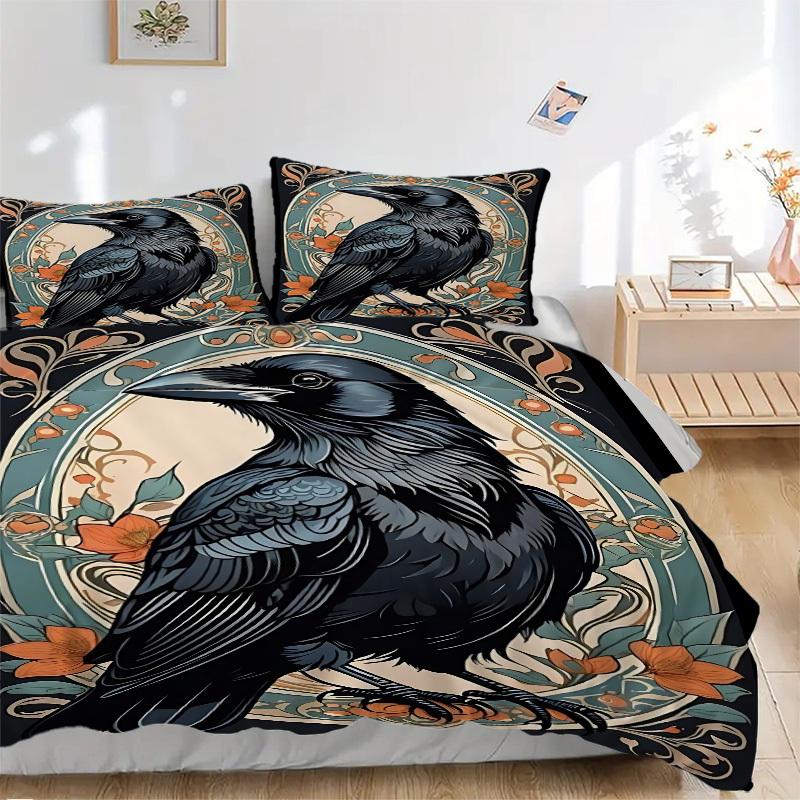 3pcs Raven Ornament Duvet Cover Set - Machine Washable, Includes 1 Cover and 2 Pillowcases, No Core Included yy251013016