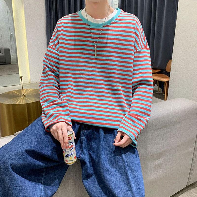 Jerséis Elegantes de Rayas con Agujeros Ropa de Hombre Básicos Holgados Primavera Otoño Casual Cuello Redondo Colores Contrastantes Camisetas de Manga Larga