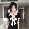 Korean Sweet Wind Strap Short-sleeved T-shirt Women's Summer Lapel Polka Dot Slim Slim and Thin Chic Top Ins