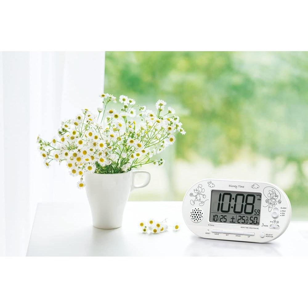 Seiko Disney Mickey Mouse and Minnie Mouse Character Alarm Clock Radio-Controlled Digital Desktop Clock White Pearl FD482W