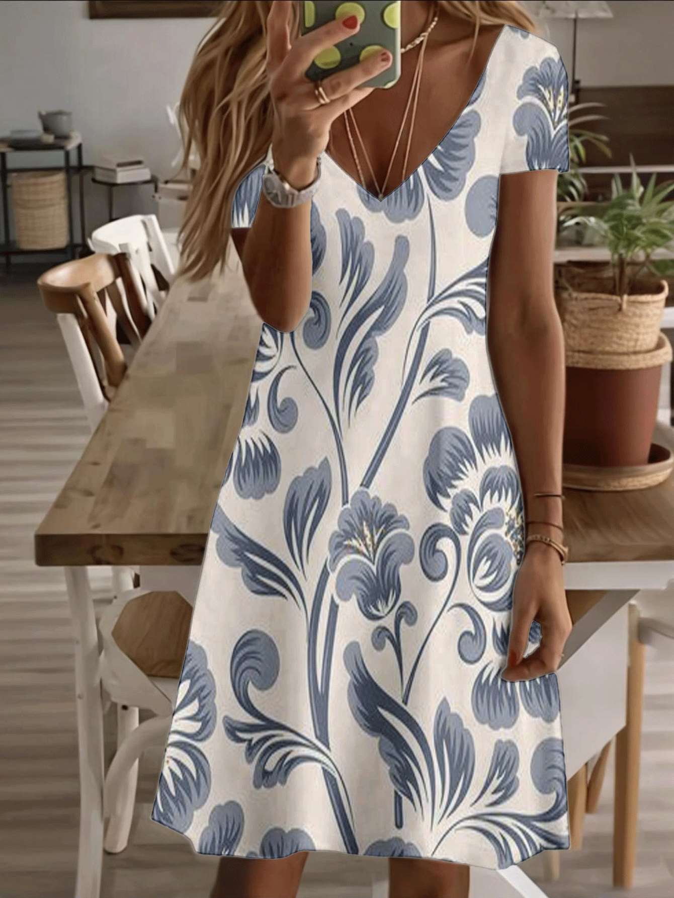 

Vneck shortsleeve midi dress blue floral pattern elegant women summer outfit 3D premium print durable fabric casual fashion beach party style chic bre XL дубильна кора