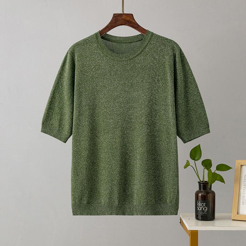 Sommer Damen Helles Seide Kurzarm Einfarbig Locker Dünn Rundhals Vielseitiges Halbarm Strick-T-Shirt