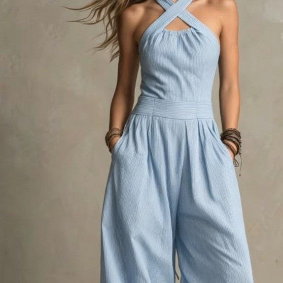 2026 European and American cross-border independent station Amazon's new sleeveless lazy wind pendant feeling neck women's wide-leg jumpsuit
